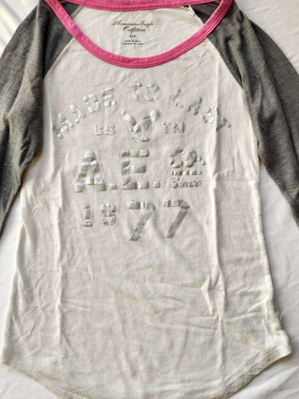 American Eagle Shirt Raglan Y2K Downtown Girl Silver Foil Graphic Size Small